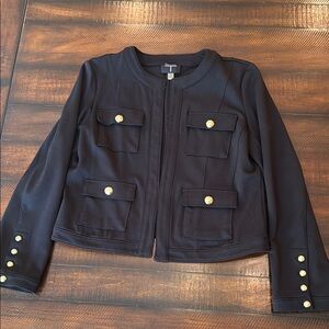 Tahari Black and Gold Stretch Blazer with Military-Inspired Design